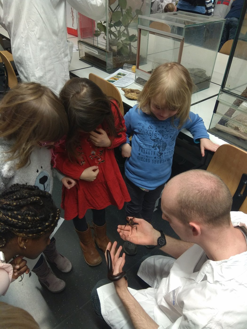 Young students examining specimens at Kids Day
