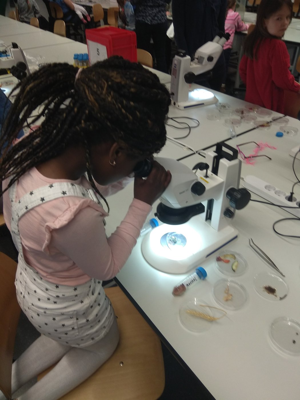 A girl at a microscope during Kids Day